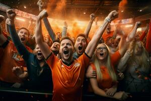 Excited Netherlands football fans cheering for their team during a game at stadium. ai generated pro photo