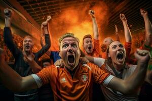 Excited Netherlands football fans cheering for their team during a game at stadium. ai generated pro photo