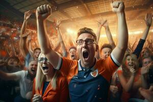 Excited Netherlands football fans cheering for their team during a game at stadium. ai generated pro photo