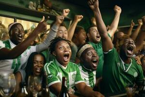 Excited Nigeria football fans cheering for their team during a game at stadium. ai generated pro photo