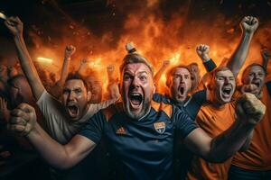 Excited Netherlands football fans cheering for their team during a game at stadium. ai generated pro photo