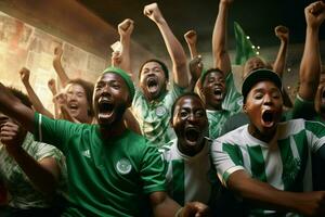 Excited Nigeria football fans cheering for their team during a game at stadium. ai generated pro photo