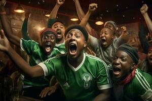 Excited Nigeria football fans cheering for their team during a game at stadium. ai generated pro photo