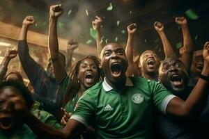 Excited Nigeria football fans cheering for their team during a game at stadium. ai generated pro photo