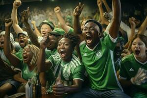 Excited Nigeria football fans cheering for their team during a game at stadium. ai generated pro photo