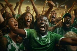Excited Nigeria football fans cheering for their team during a game at stadium. ai generated pro photo