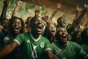 Excited Nigeria football fans cheering for their team during a game at stadium. ai generated pro photo