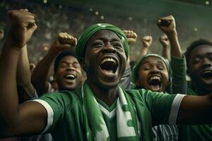 Excited Nigeria football fans cheering for their team during a game at stadium. ai generated pro photo