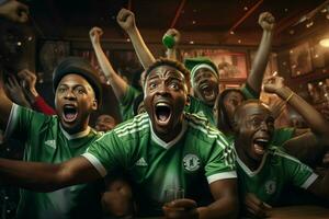 Excited Nigeria football fans cheering for their team during a game at stadium. ai generated pro photo