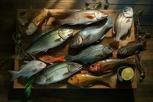 Assortment of fresh fish on a wooden background. Top view. ai generated pro photo