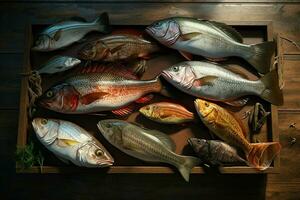 Assortment of fresh fish on a wooden background. Top view. ai generated pro photo