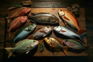 Assortment of fresh fish on a wooden background. Top view. ai generated pro photo