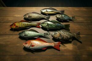 Assortment of fresh fish on a wooden background. Top view. ai generated pro photo