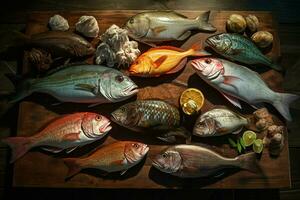 Assortment of fresh fish on a wooden background. Top view. ai generated pro photo