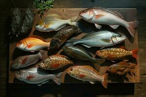 Assortment of fresh fish on a wooden background. Top view. ai generated pro photo