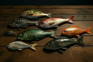 Assortment of fresh fish on a wooden background. Top view. ai generated pro photo