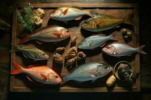 Assortment of fresh fish on a wooden background. Top view. ai generated pro photo