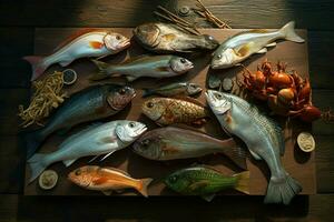 surtido de Fresco pescado en un de madera antecedentes. parte superior vista. ai generado Pro foto