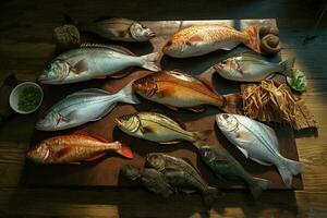 Assortment of fresh fish on a wooden background. Top view. ai generated pro photo