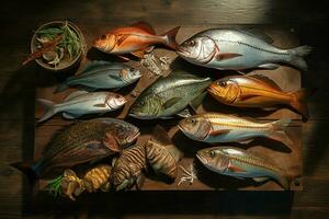 Assortment of fresh fish on a wooden background. Top view. ai generated pro photo