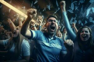 Excited Argentina football fans cheering for their team during a game at stadium. ai generated pro photo