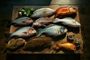 Assortment of fresh fish on a wooden background. Top view. ai generated pro photo