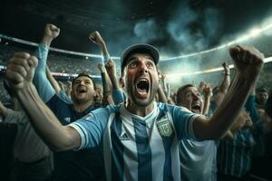 Excited Argentina football fans cheering for their team during a game at stadium. ai generated pro photo