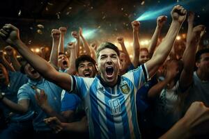 Excited Argentina football fans cheering for their team during a game at stadium. ai generated pro photo