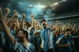 Excited Argentina football fans cheering for their team during a game at stadium. ai generated pro photo