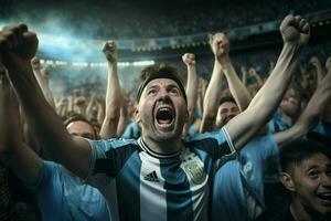 emocionado argentina fútbol americano aficionados aplausos para su equipo durante un juego a estadio. ai generado Pro foto