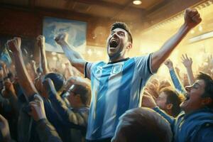 Excited Argentina football fans cheering for their team during a game at stadium. ai generated pro photo