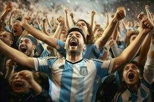 emocionado argentina fútbol americano aficionados aplausos para su equipo durante un juego a estadio. ai generado Pro foto
