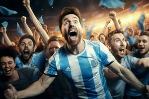 Excited Argentina football fans cheering for their team during a game at stadium. ai generated pro photo