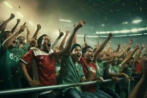 Excited Bangladesh football fans cheering for their team during a game at stadium. ai generated pro photo