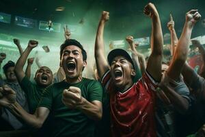 Excited Bangladesh football fans cheering for their team during a game at stadium. ai generated pro photo