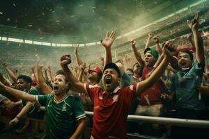 Excited Bangladesh football fans cheering for their team during a game at stadium. ai generated pro photo