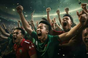 Excited Bangladesh football fans cheering for their team during a game at stadium. ai generated pro photo