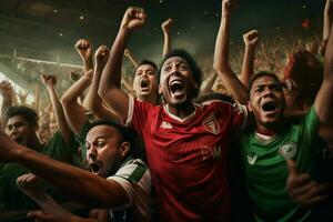 emocionado Bangladesh fútbol americano aficionados aplausos para su equipo durante un juego a estadio. ai generado Pro foto