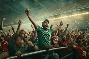 Excited Bangladesh football fans cheering for their team during a game at stadium. ai generated pro photo