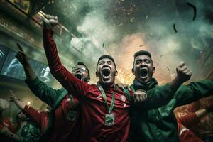 Excited Bangladesh football fans cheering for their team during a game at stadium. ai generated pro photo