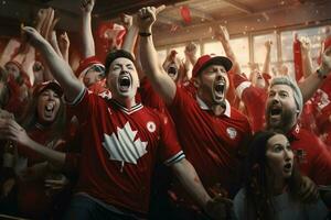 emocionado Canadá fútbol americano aficionados aplausos para su equipo durante un juego a estadio. ai generado Pro foto