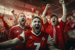 emocionado Canadá fútbol americano aficionados aplausos para su equipo durante un juego a estadio. ai generado Pro foto