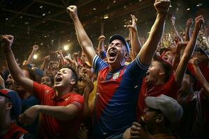 Excited Costarica football fans cheering for their team during a game at stadium. ai generated pro photo