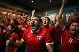 Excited Costarica football fans cheering for their team during a game at stadium. ai generated pro photo