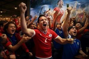 Excited Costarica football fans cheering for their team during a game at stadium. ai generated pro photo