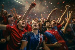 Excited Costarica football fans cheering for their team during a game at stadium. ai generated pro photo