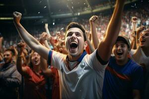 Excited Costarica football fans cheering for their team during a game at stadium. ai generated pro photo