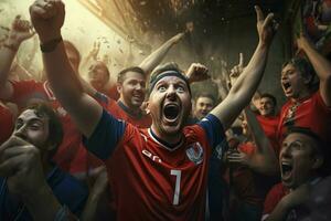 Excited Costarica football fans cheering for their team during a game at stadium. ai generated pro photo