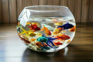 Goldfish in a round glass aquarium on a wooden table in the room. ai generated pro photo