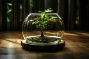 pequeño planta en un vaso florero en un de madera mesa en el habitación. ai generado Pro foto